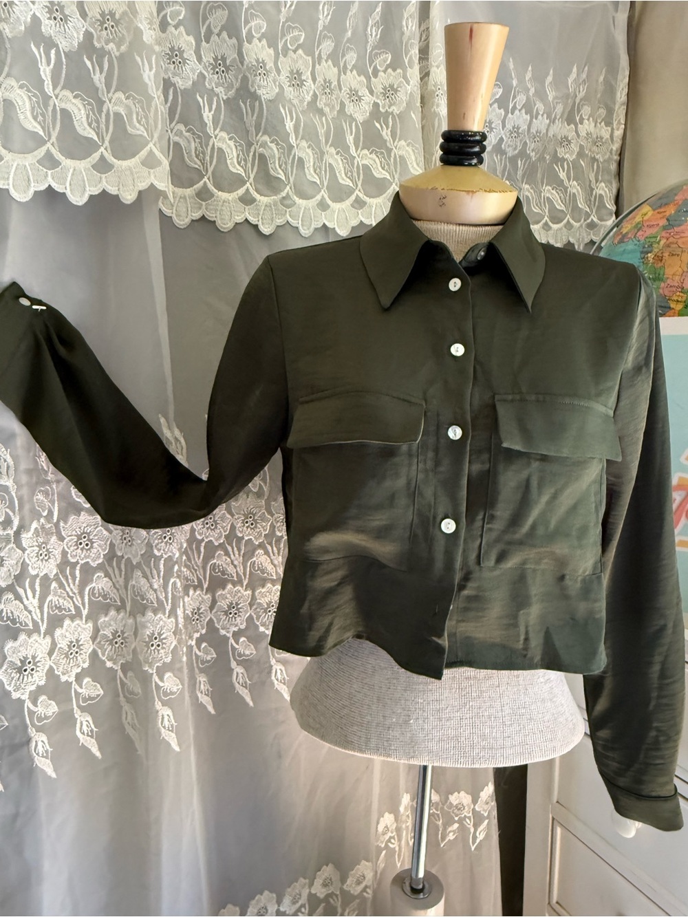 Zara Olive Green Cropped Button-Up Shirt